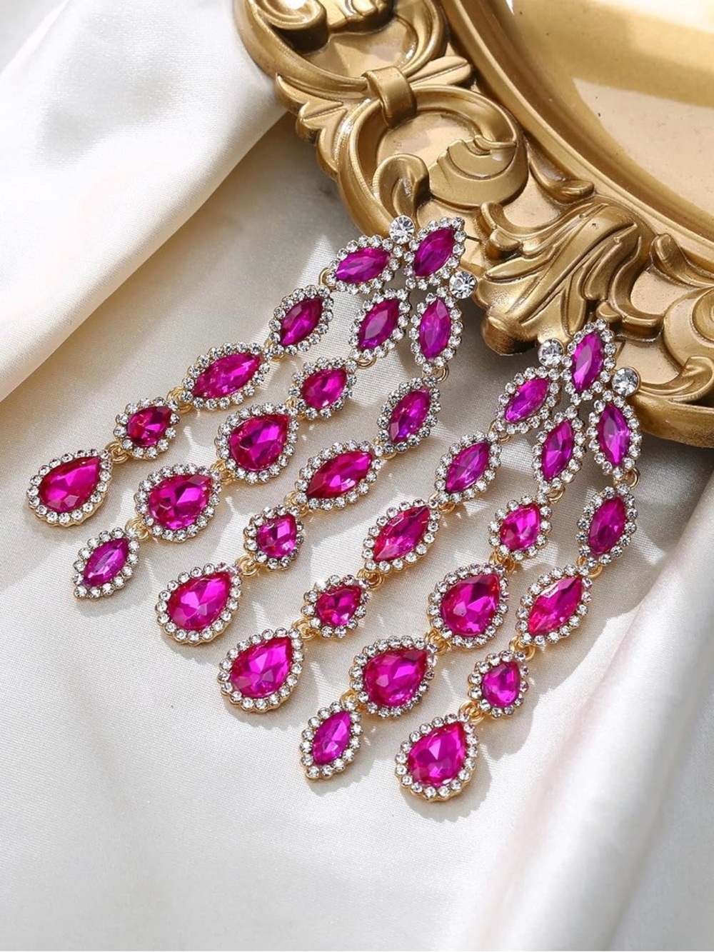 Fuchsia Teardrop Cascade Earrings - Women's Jewelry - Picture 5 of 6